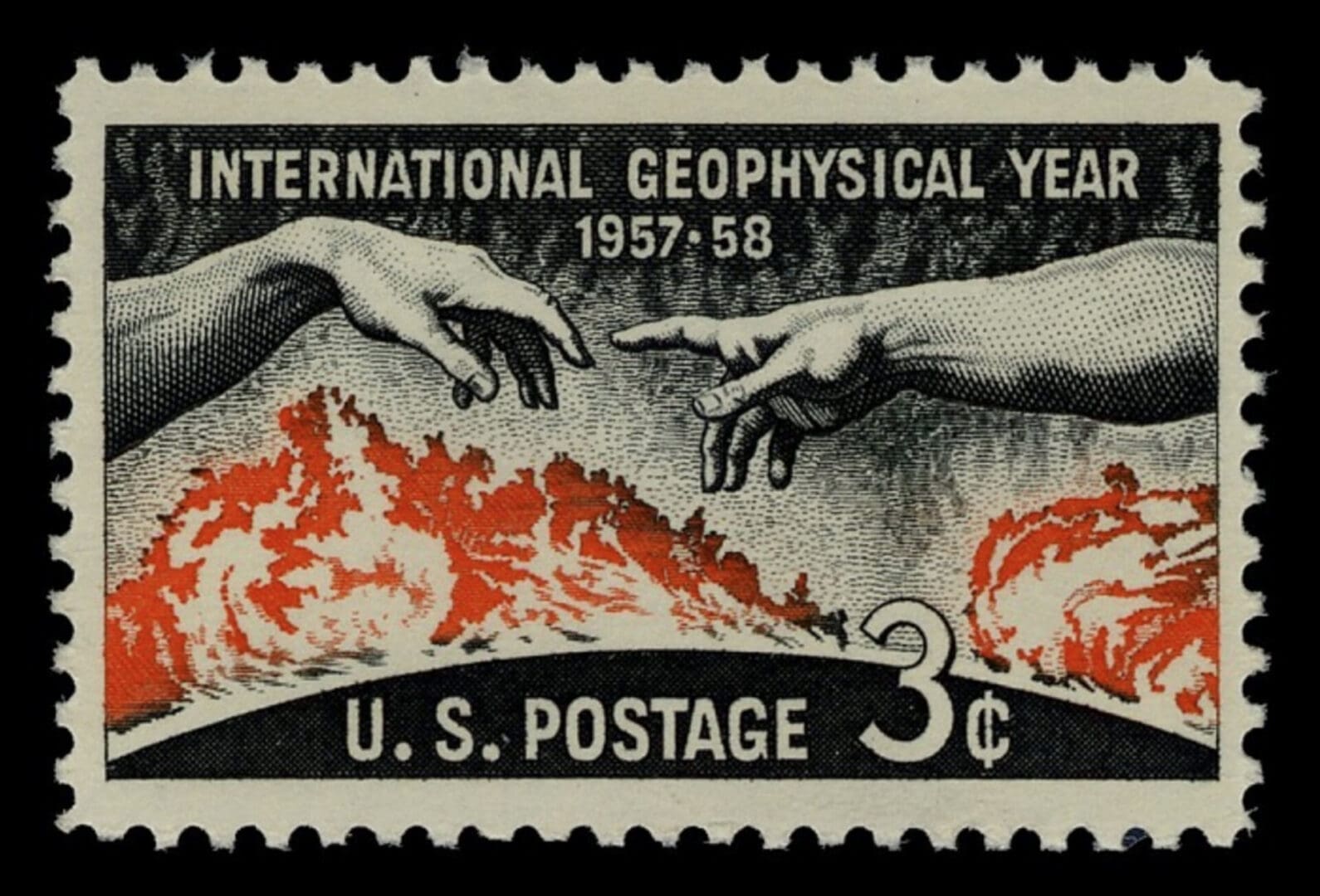 A stamp with an image of the creation of adam.