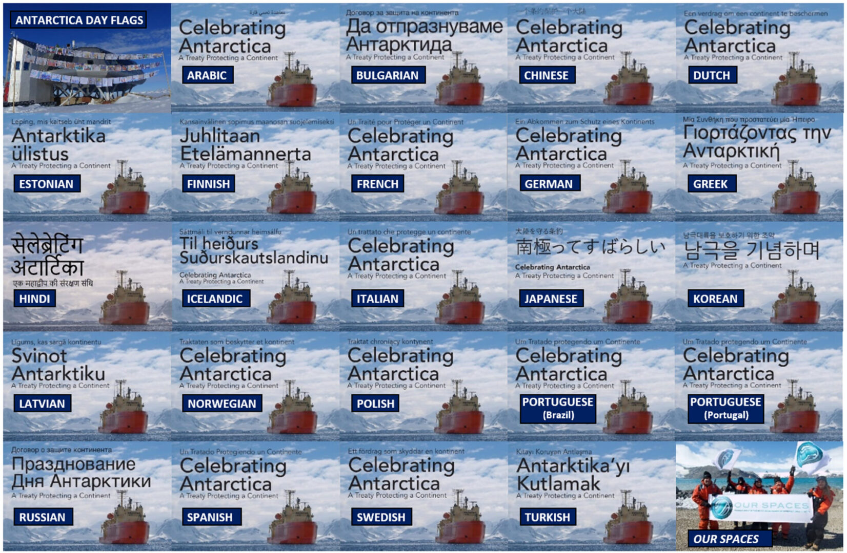 A collage of Celebrating Antarctica images with different language names on them.