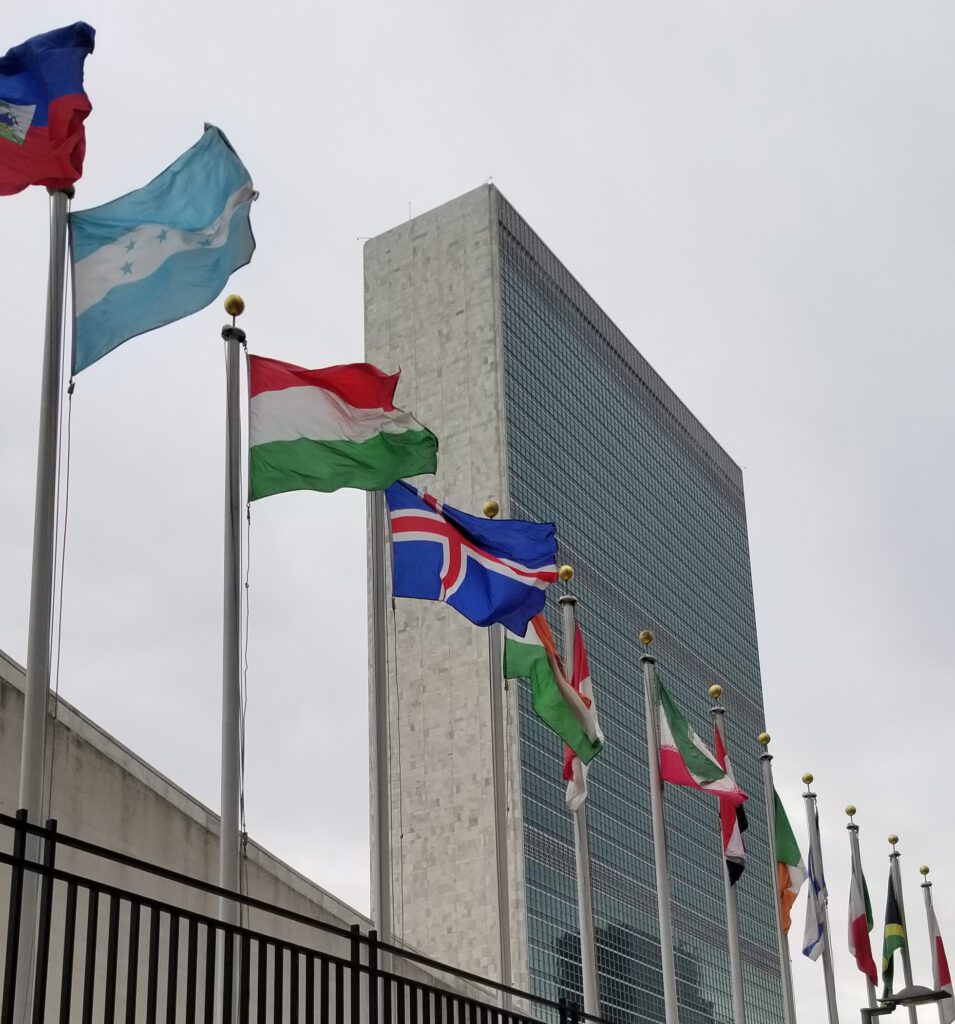 A row of flags flying in front of the united nations building.