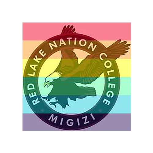 A rainbow colored eagle logo with the words red lake nation college migizi.